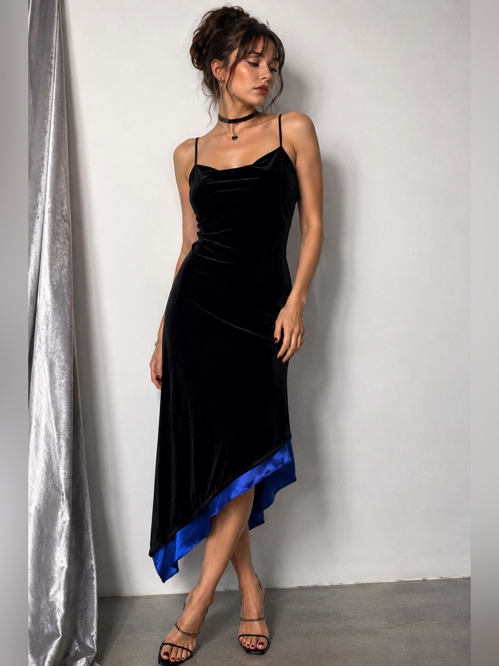 Vintage 90s Velvet & Satin Asymmetric Hem Black & Violet Whimsigoth Witchy Dress